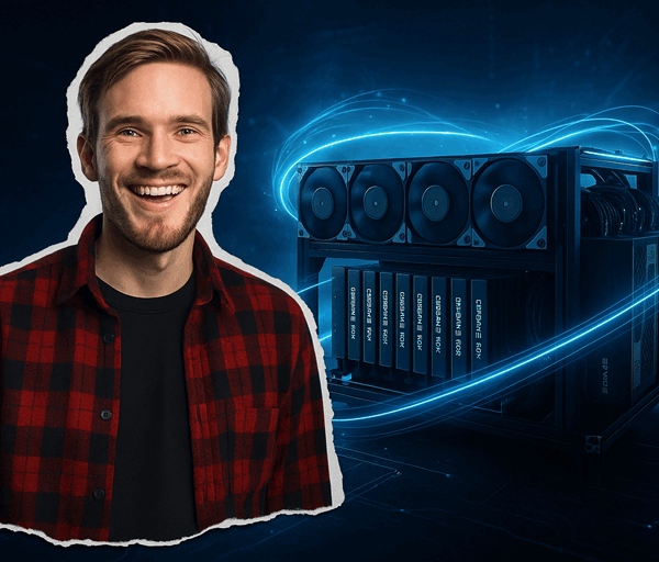 A pewdiepie in a red plaid shirt stands beside a glowing GPU-powered AI rig, surrounded by futuristic blue light trails.