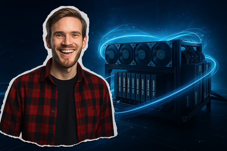 A pewdiepie in a red plaid shirt stands beside a glowing GPU-powered AI rig, surrounded by futuristic blue light trails.