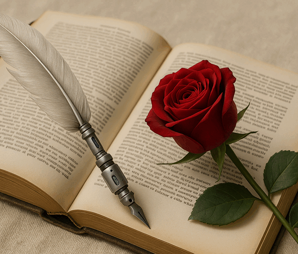 A realistic open book with printed text, a red rose laid across its pages, and a metallic robotic quill resting beside it.