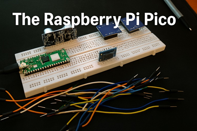 Raspberry Pi Pico on a breadboard with sensors and jumper wires arranged neatly on a desk, ready for an electronics project.