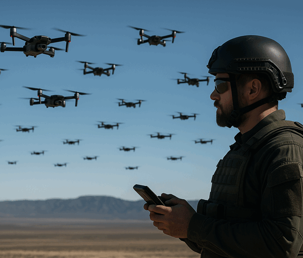 A soldier in tactical gear operates a controller while a coordinated swarm of military drones flies overhead in a desert training area.