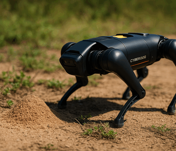 A black CyberDog robot walks across dry soil toward a small fire ant mound surrounded by sparse grass and plants in daylight.