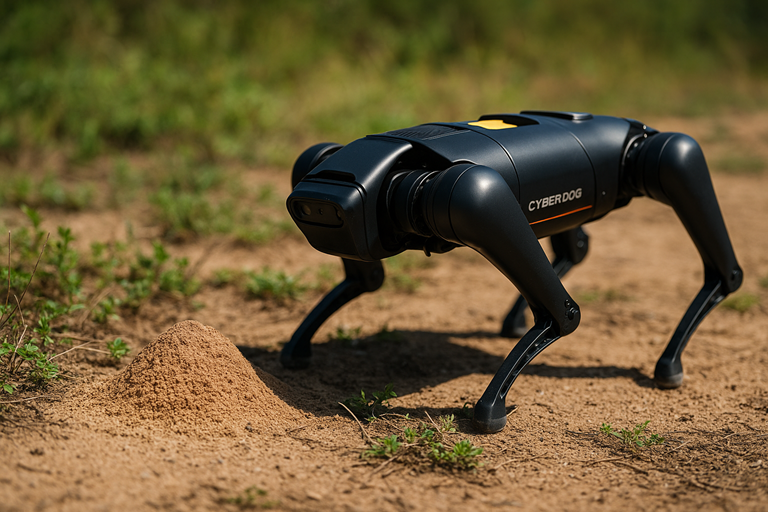 A black CyberDog robot walks across dry soil toward a small fire ant mound surrounded by sparse grass and plants in daylight.
