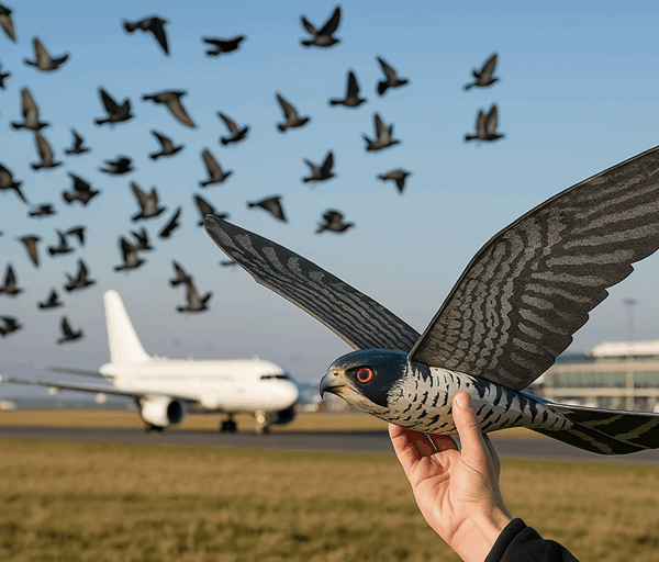 A realistic photo of a robotic falcon flying near an airport runway as flocks of birds scatter and planes wait in background.