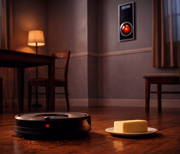 Here is a 20 word alt text: A robot vacuum approaches a plate of butter on the floor while a HAL 9000 panel watches from the wall above.