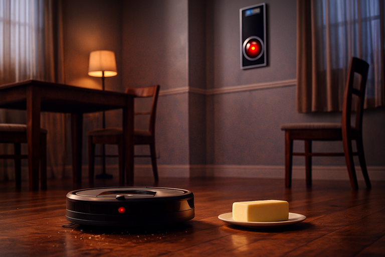 Here is a 20 word alt text: A robot vacuum approaches a plate of butter on the floor while a HAL 9000 panel watches from the wall above.