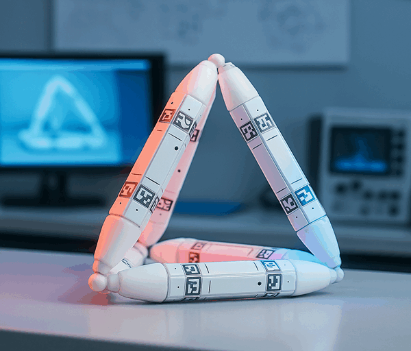 A white modular tetrahedral robot made of connected rods sits on a lab table, illuminated by red and blue research lighting.