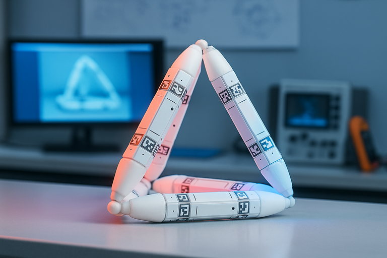 A white modular tetrahedral robot made of connected rods sits on a lab table, illuminated by red and blue research lighting.