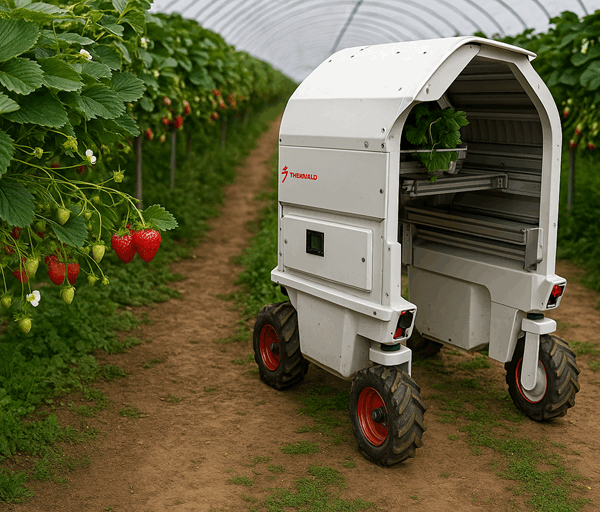 A white autonomous strawberry harvesting robot stands in a greenhouse aisle surrounded by elevated strawberry plants with ripe berries and green foliage.