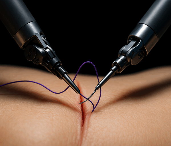 Here is a 20 word alt text for the final image: Two robotic surgical arms precisely stitch a small incision on human skin, holding a curved needle and purple suture under bright lighting.