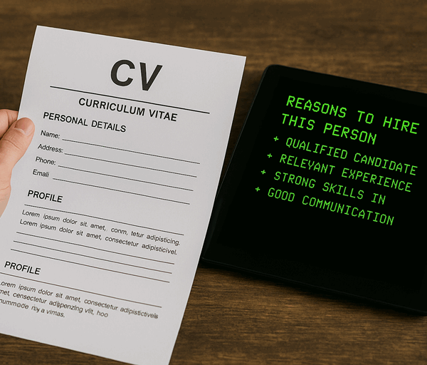 A person reviews a printed CV beside a tablet displaying green text on a black screen listing reasons to hire them.