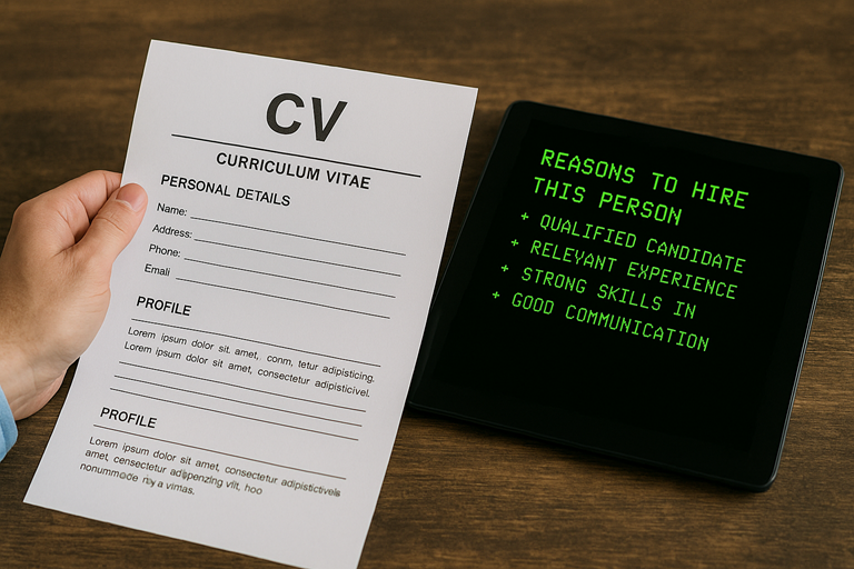 A person reviews a printed CV beside a tablet displaying green text on a black screen listing reasons to hire them.