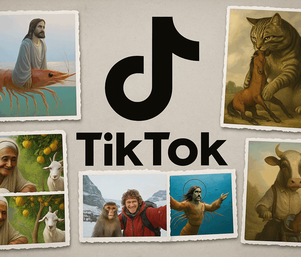 Photo collage showing TikTok logo surrounded by various surreal AI generated images including animal hybrids, unusual scenarios and fantasy styled characters.