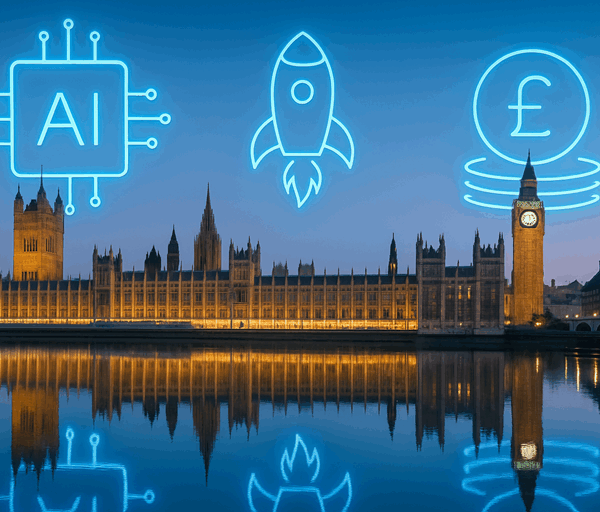 London’s Houses of Parliament at dusk with glowing blue icons for AI, startups and investment above the skyline and reflected in the water.