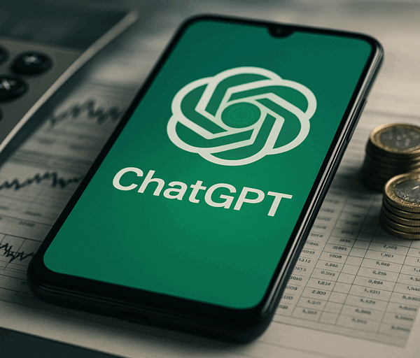A smartphone displaying the ChatGPT logo lies on financial documents with graphs, beside a calculator and stacks of coins in soft lighting.