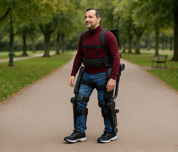 A man walks through a tree-lined park wearing a black robotic exoskeleton that supports his legs and hips for mobility assistance.