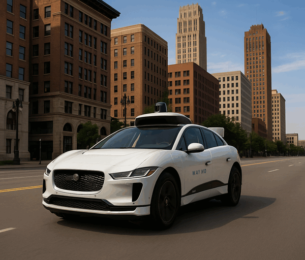 A white Waymo autonomous car drives through downtown Detroit, surrounded by tall historic buildings under a clear blue sky.