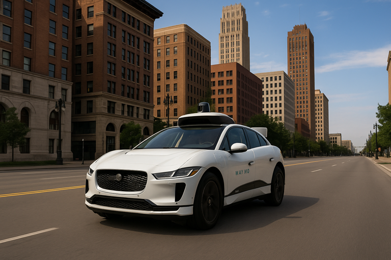 A white Waymo autonomous car drives through downtown Detroit, surrounded by tall historic buildings under a clear blue sky.
