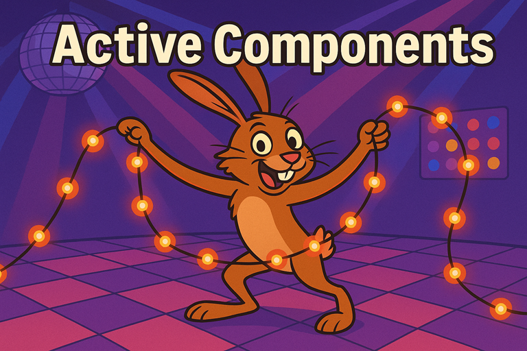 A cartoon hare dances in a colourful disco holding glowing LED lights, with bright spotlights and the words Active Components above.