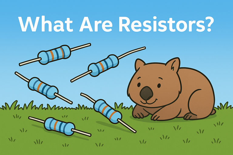 Cartoon wombat sitting on grass surrounded by colourful resistors under a blue sky with the title What Are Resistors shown above.