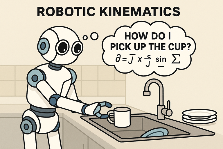 Cartoon robot standing at a kitchen sink reaching for a cup while thinking about math equations related to robotic kinematics.