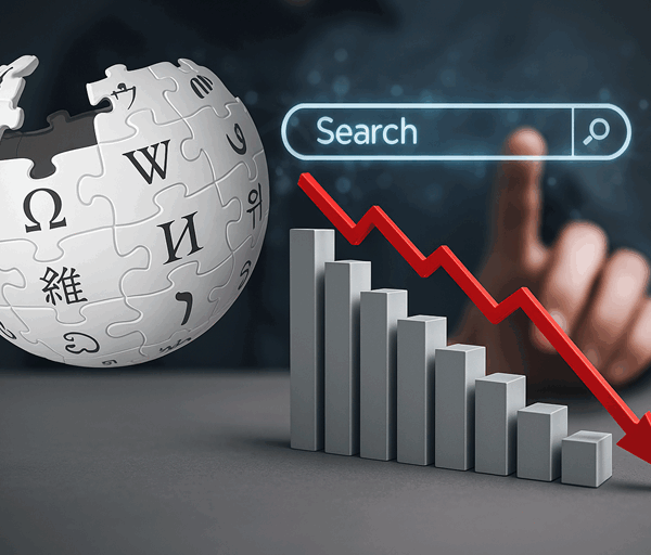 A digital image showing the Wikipedia globe beside a downward trending bar chart and a glowing search bar symbolising declining web traffic.