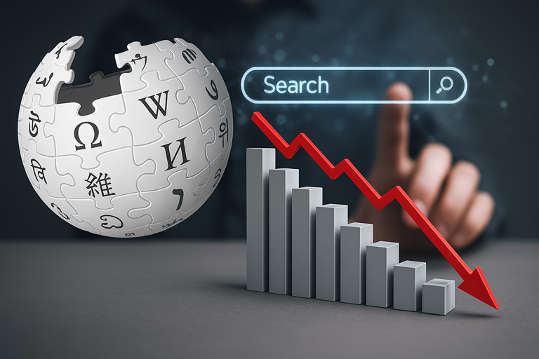 A digital image showing the Wikipedia globe beside a downward trending bar chart and a glowing search bar symbolising declining web traffic.