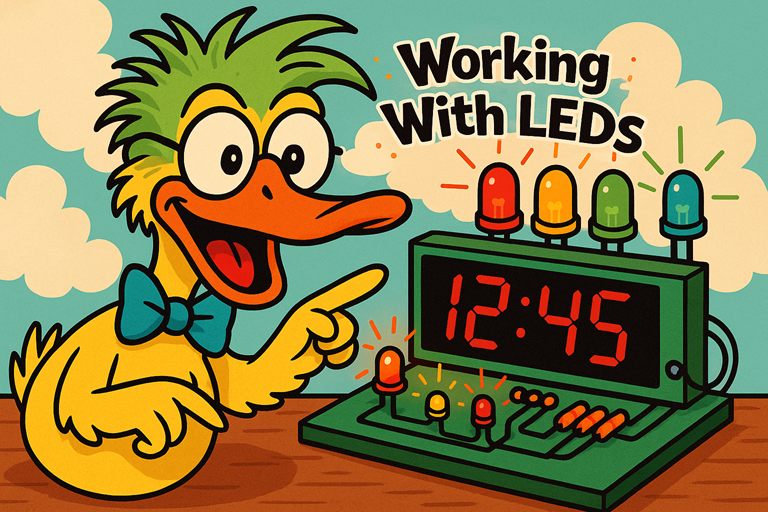 An excited cartoon duck points at a glowing LED clock circuit surrounded by colourful blinking LEDs with the title Working With LEDs above.
