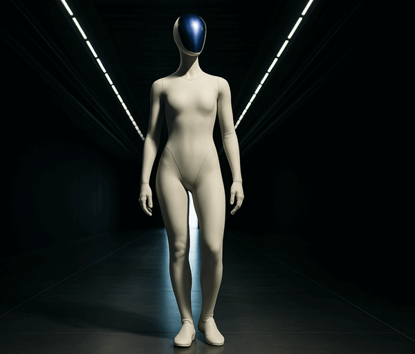A humanoid robot with smooth synthetic skin and glowing blue face display stands in a dimly lit futuristic corridor.