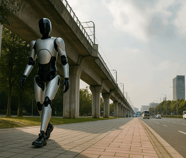 A humanoid robot walks along a city pathway beside an elevated rail line, with trees, traffic and tall buildings visible in the background.