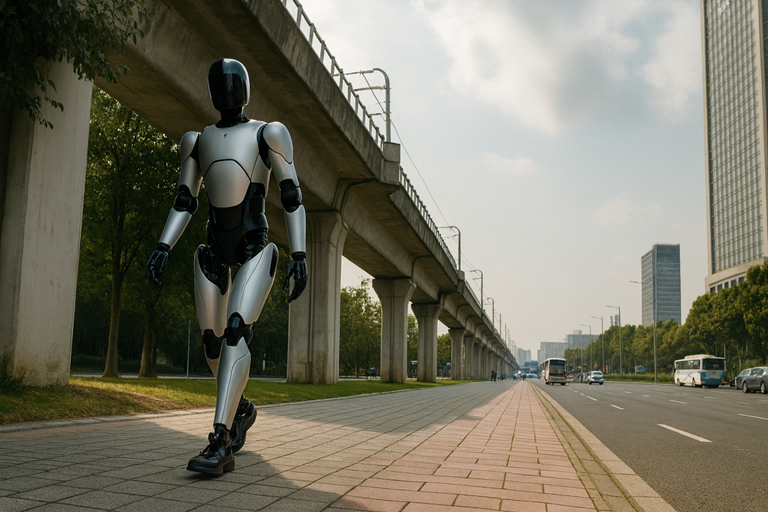 A humanoid robot walks along a city pathway beside an elevated rail line, with trees, traffic and tall buildings visible in the background.