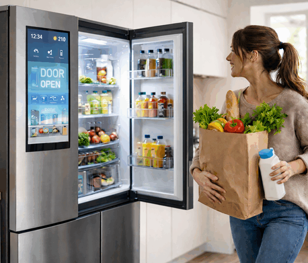 Woman carrying groceries approaches open smart refrigerator with touchscreen reading door open in modern kitchen filled with natural light