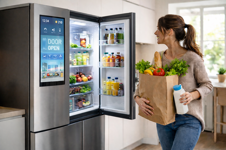 Woman carrying groceries approaches open smart refrigerator with touchscreen reading door open in modern kitchen filled with natural light