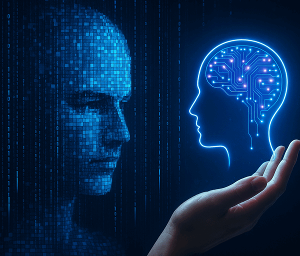 A digital face made of blue pixels looks toward a glowing holographic head with circuitry held above a hand against a dark futuristic background.