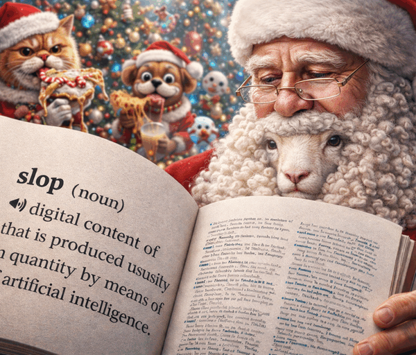 Photo realistic Santa reads dictionary definition of slop, surrounded by chaotic AI imagery, with a sheep’s face embedded in his beard.