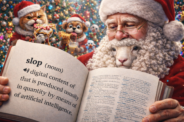 Photo realistic Santa reads dictionary definition of slop, surrounded by chaotic AI imagery, with a sheep’s face embedded in his beard.