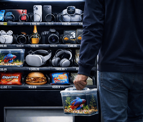 Photo realistic vending machine stocked with luxury items as a person walks away carrying a small tank holding a live fish.