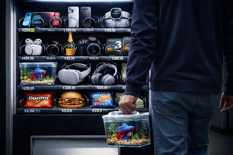 Photo realistic vending machine stocked with luxury items as a person walks away carrying a small tank holding a live fish.