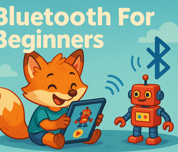 A young fox uses a tablet to control a smiling toy robot via Bluetooth in a bright friendly cartoon landscape.