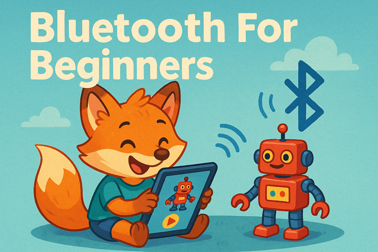 A young fox uses a tablet to control a smiling toy robot via Bluetooth in a bright friendly cartoon landscape.