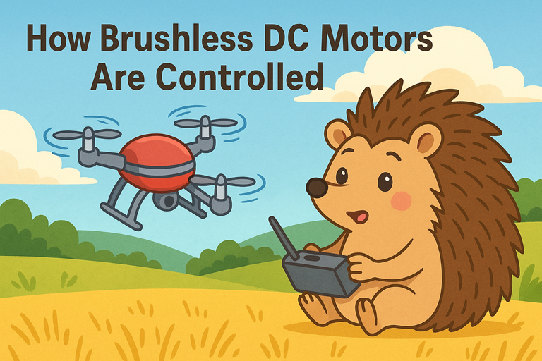 A hedgehog sits in a sunny field flying a drone with a controller while the title How Brushless DC Motors Are Controlled appears above.