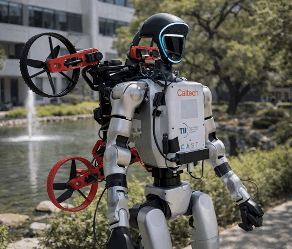 Photorealistic humanoid robot carrying a transforming drone walks outdoors beside a pond on a university campus during a robotics demonstration