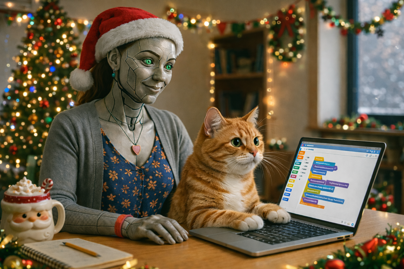 Festive classroom scene shows realistic robot in Santa hat beside ginger cat typing Scratch code on laptop with Christmas lights