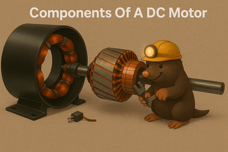 A mole in a hard hat stands beside a disassembled DC motor, holding a wrench, beneath the title Components Of A DC Motor.