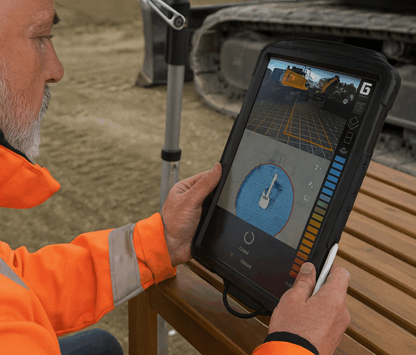 An older construction worker in a high visibility jacket uses a rugged tablet displaying 3D excavation data beside heavy machinery on a dusty site.