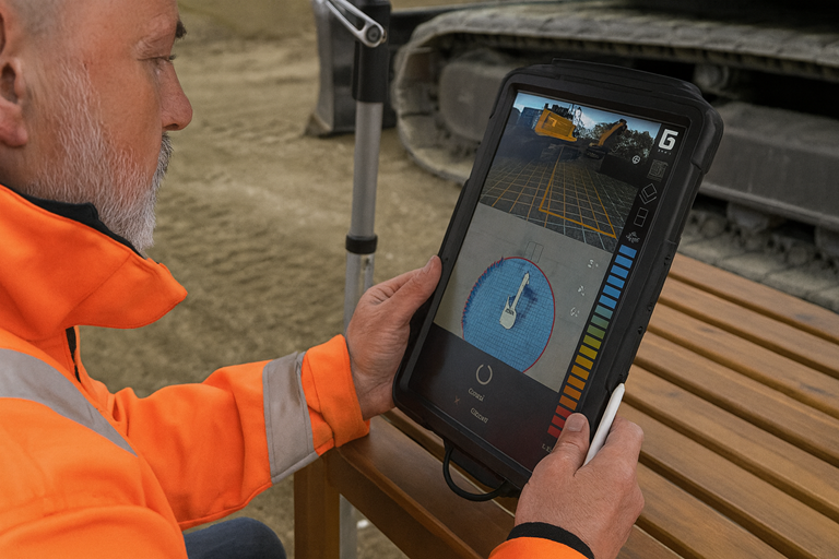 An older construction worker in a high visibility jacket uses a rugged tablet displaying 3D excavation data beside heavy machinery on a dusty site.