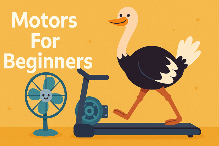 A cheerful ostrich walks on a treadmill beside a smiling fan, both showing visible motors, with bold central text reading Motors For Beginners.