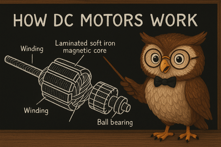 A wise owl teaches in front of a chalkboard with a white chalk diagram of a motor’s internal parts and labelled components.