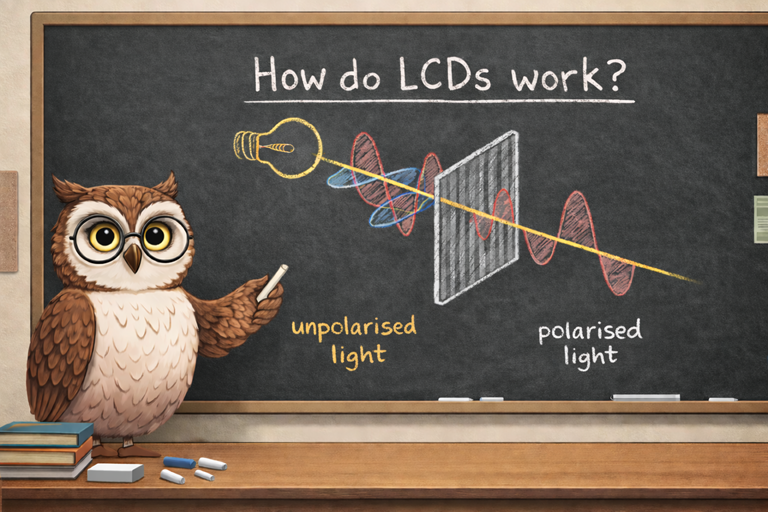 Cartoon illustration shows light polarisation with bulb waves passing through filter into smiling LCD display, explaining basics of LCD operation.
