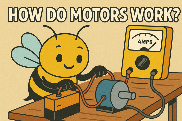A cartoon bee connects a battery to a motor on a workbench while a multimeter displays amps and the text How Do Motors Work.